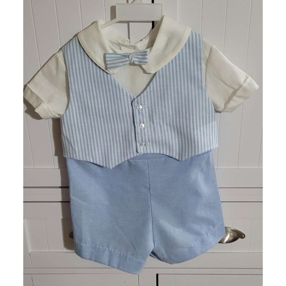 Something Pretty Vintage Baby Boy Romper Blue White Striped Bow Tie 24M USA